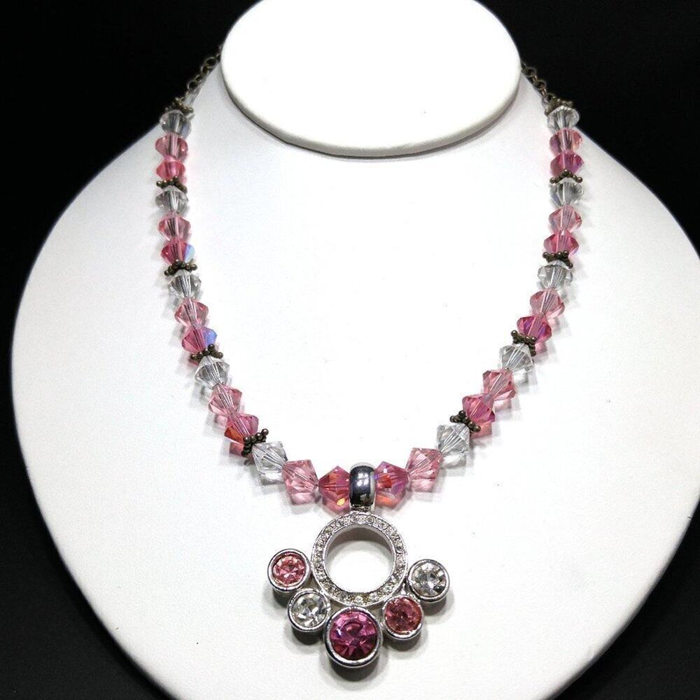 Artisan Pink Clear Crystal Bead Necklace, Sterling Silver Chain, 19 In